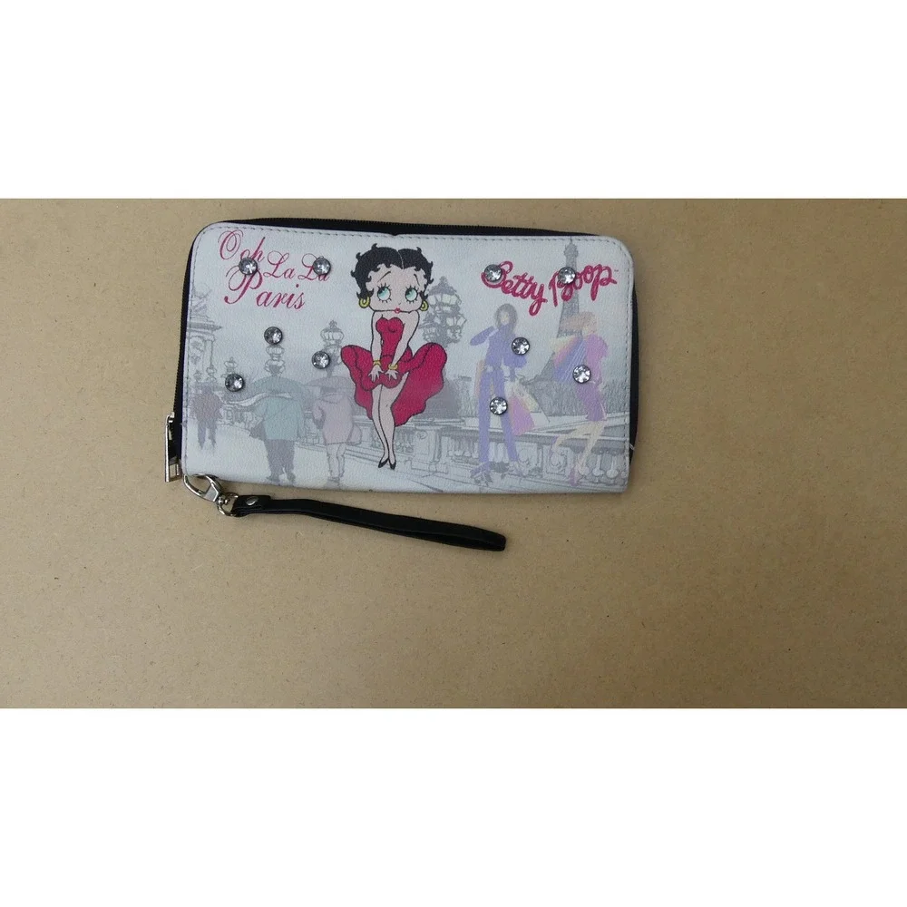 Betty Boop Wristlet Wallet Womens OS White Excellent Paris Rhinestone Zip Around